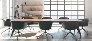 Modern white brick meeting room interior with equipment and sunlight. 3D Rendering